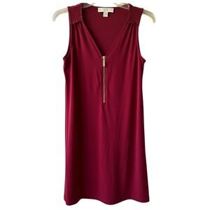 Michael Kors Knit Shift Dress Sleeveless V-Neck Zipper Office Work Burgundy XS